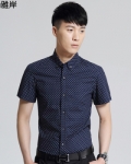 雅岸 2015高档正品翻领提花短袖男士衬衫 中年免烫开衫休闲格子男式衬衣男 XL4064 藏蓝色 L