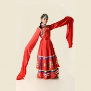 批发藏族大红色成人舞台服 民族头饰女性连衣裙 个性手工制表演服